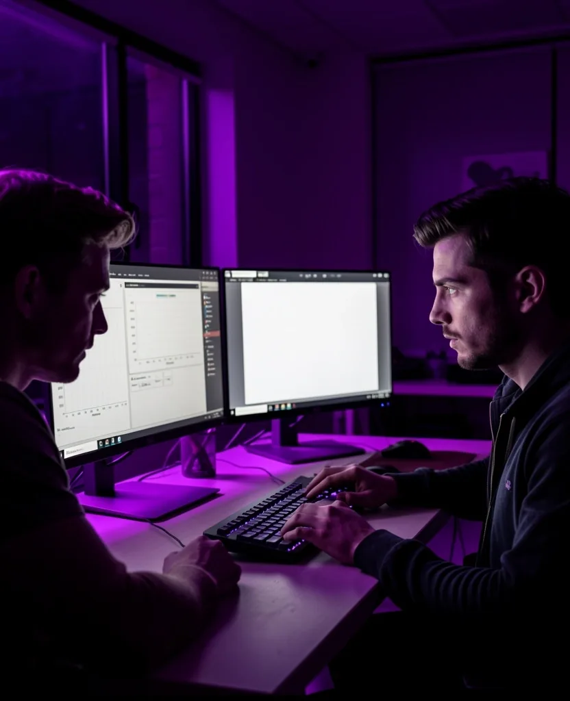Equipo de ingeniería revisando resultados de pruebas en monitores con iluminación violeta