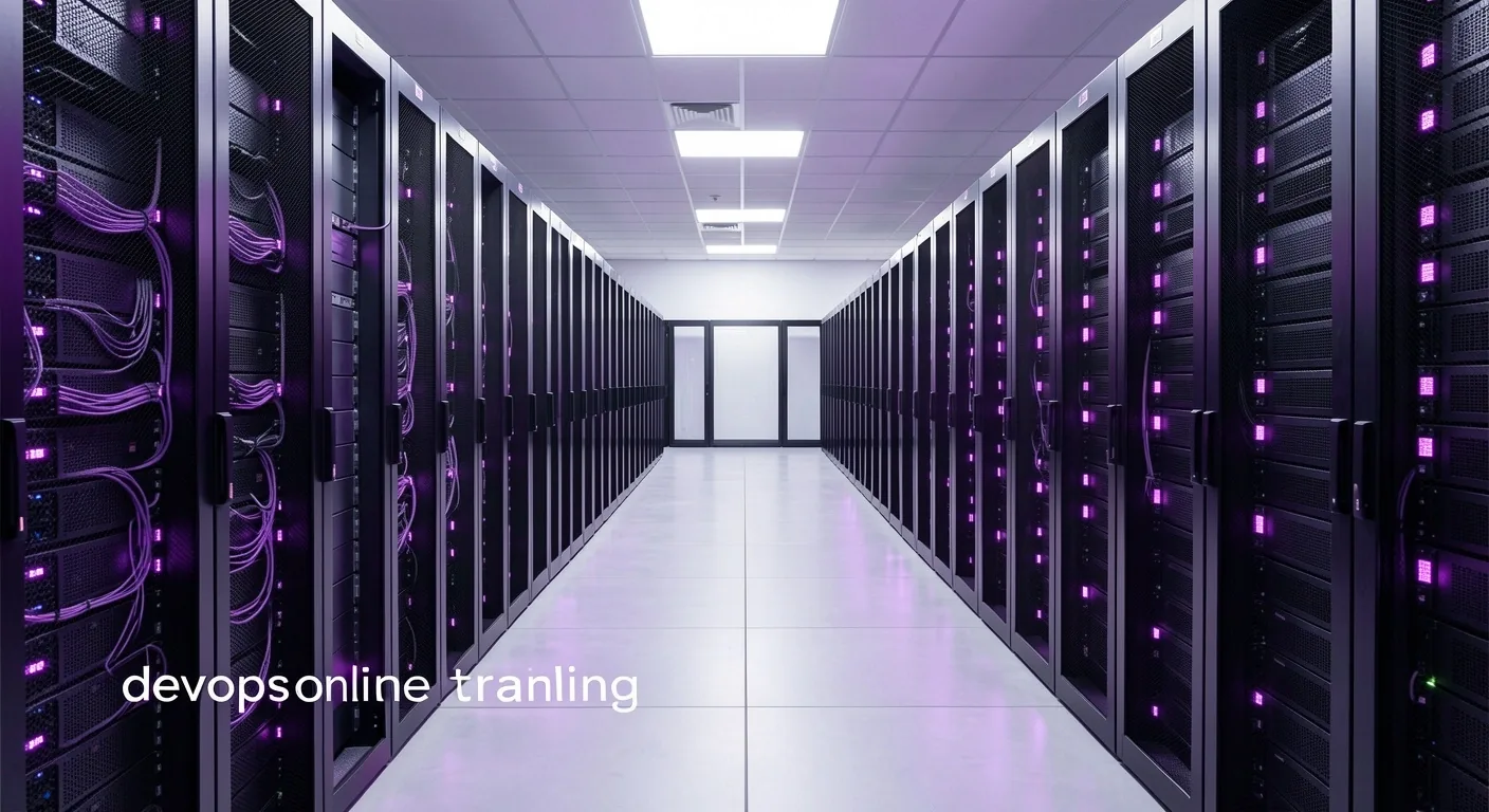 Infraestructura de servidores con indicadores violeta en pasillo de centro de datos