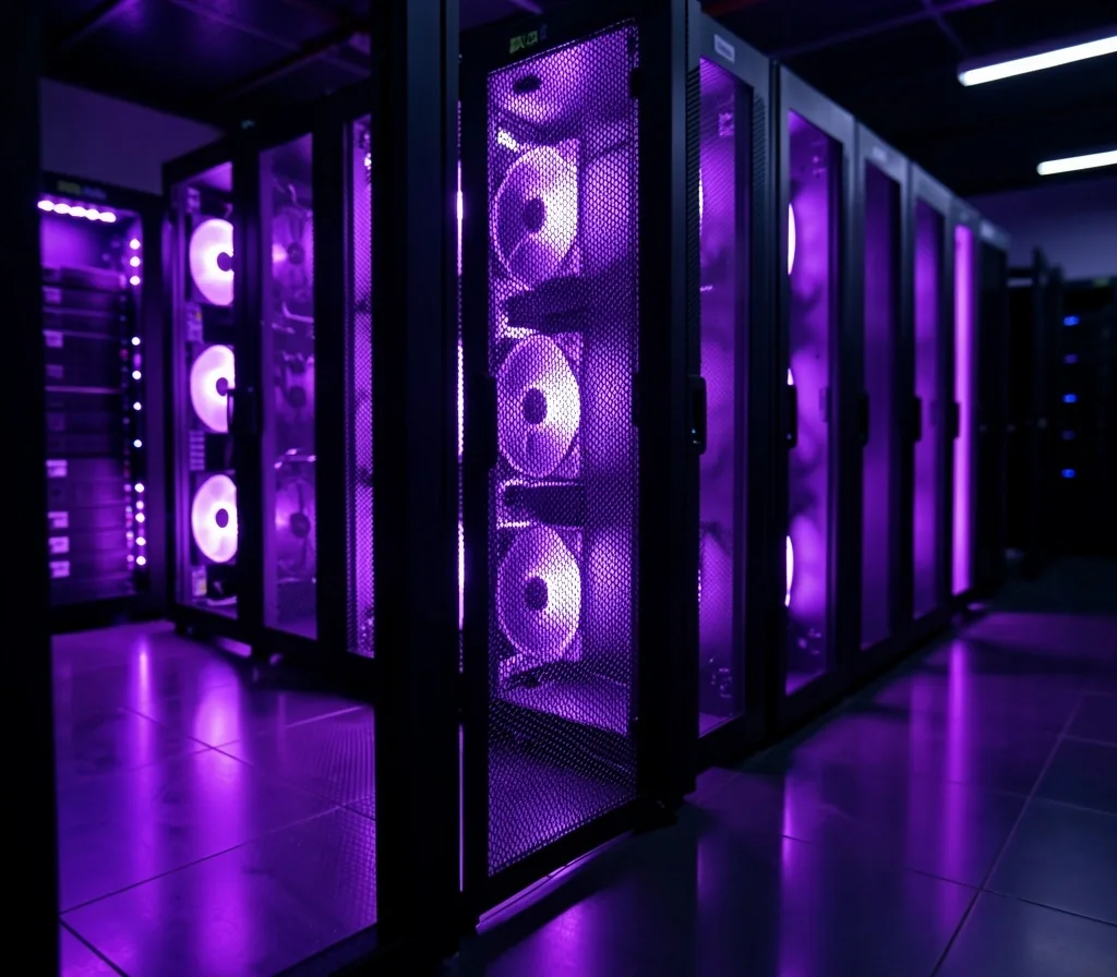 Infraestructura de servidores con iluminación violeta