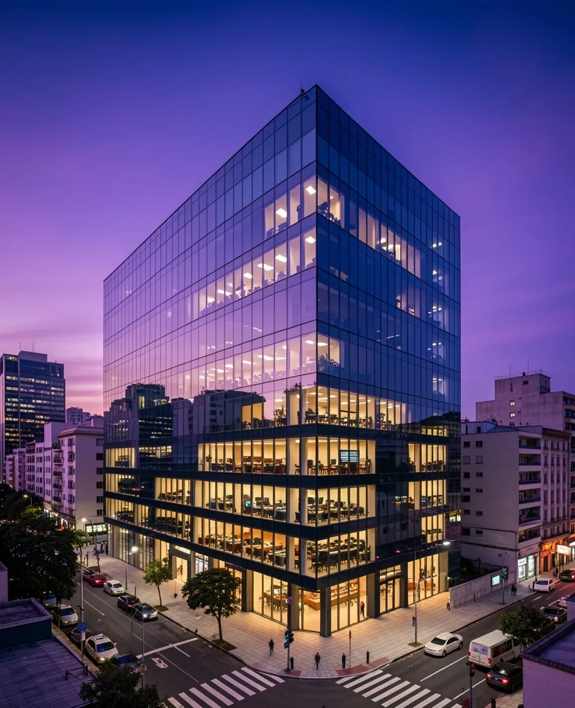 Edificio de oficinas moderno en Buenos Aires al atardecer