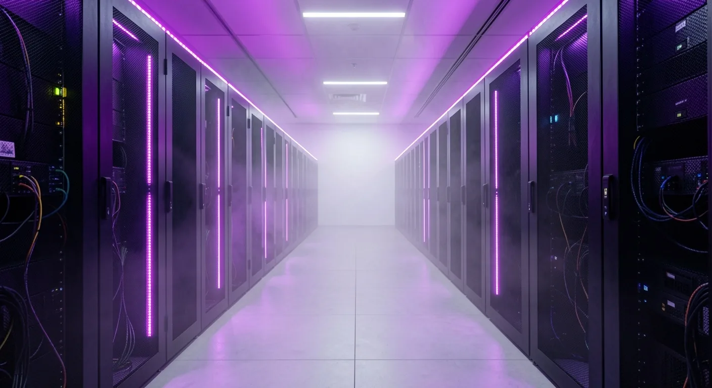 Infraestructura de servidores moderna iluminada con tonos violeta